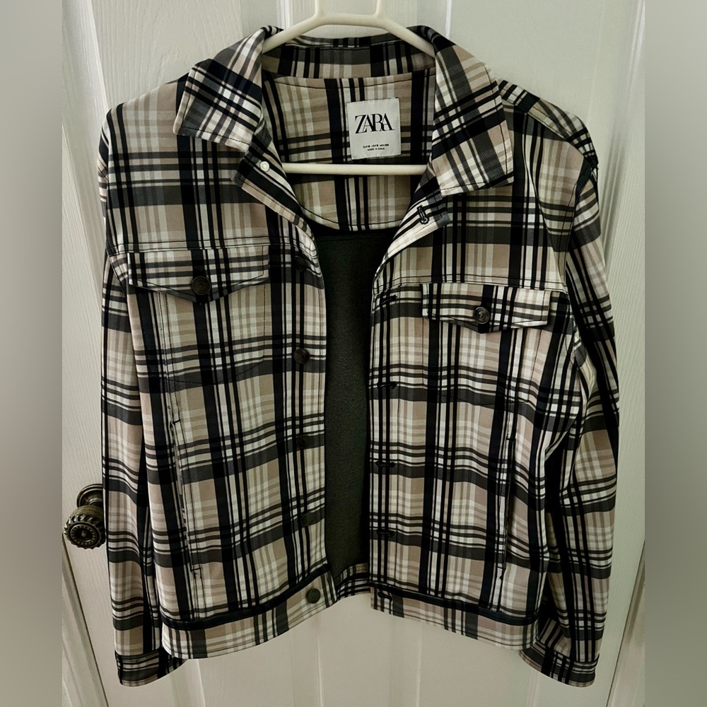 ZARA Plaid Button-Front Jacket in Black, Beige & White, Size Small